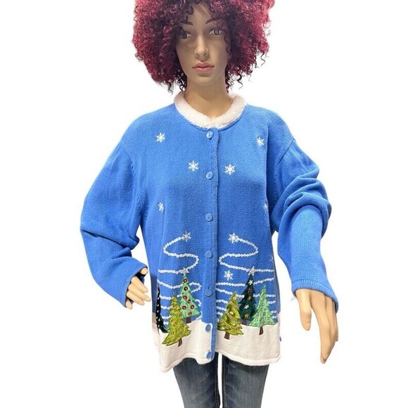 Crystal Kobe powder blue Cardigan Embellished Sequin Christmas Tree Sweater 3XL - Picture 2 of 11
